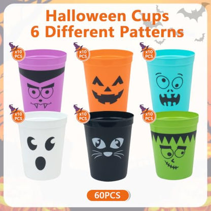 Halloween Plastic Cups 16OZ - 60 Pack Blue & Multicolor Reusable Party Cups