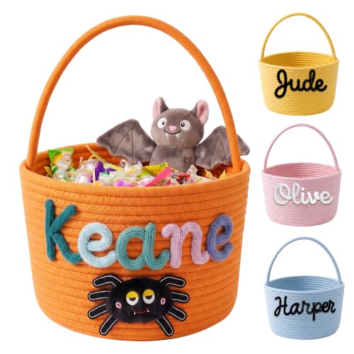 Personalized Halloween Rope Basket with Name for Kids - Candy Carrier, Multi-Color Options