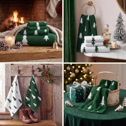 Christmas Tree Bath Towels Set - 6 Cotton Reversible Holiday Towels