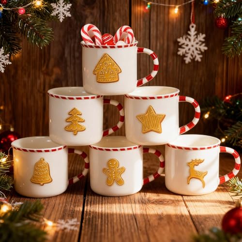 Christmas Gingerbread House Mug Set - 6 Pack Candy Cane Handle 10 oz
