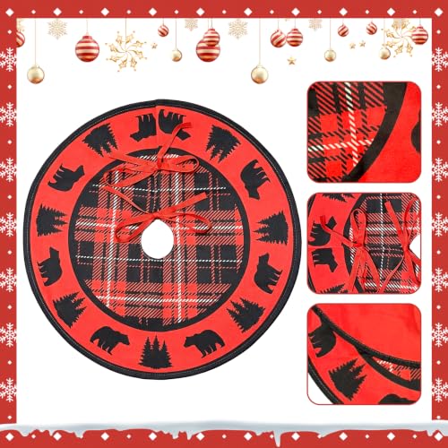 Mini Christmas Tree Skirt Black Bear Red and Black Cabin Plaid 15" - Festive Holiday Decor