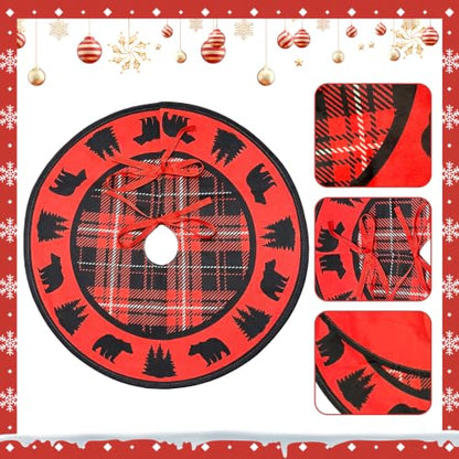 Mini Christmas Tree Skirt Black Bear Red and Black Cabin Plaid 15" - Festive Holiday Decor