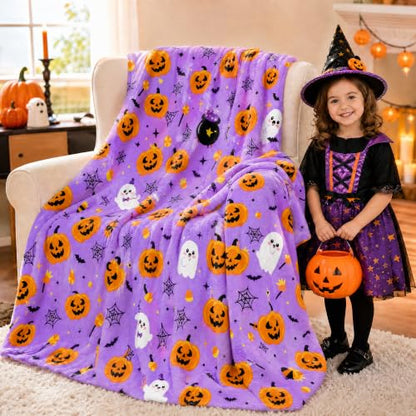 Halloween Throw Blanket Soft Flannel Ghost Pumpkin Decor for Couch Bed - Purple Pumpkin & Ghosts 40x50