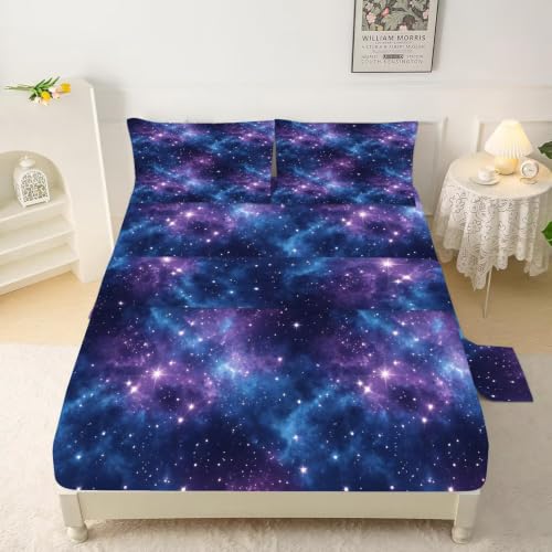 Galaxy Starry Sky Bed Sheet Set Queen - Purple Blue Nebula Bedding