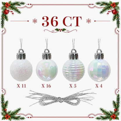 Mini Christmas Ball Ornaments 36 Pack White Rainbow Iridescent 1.2 Inch