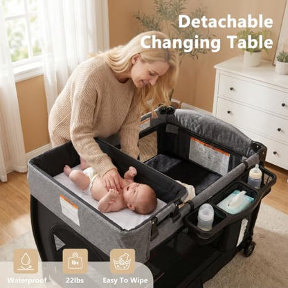 Kinder King Portable Pack and Play Baby Playard with Bassinet - Light Grey