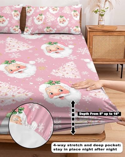 Christmas Santa Claus Xmas Tree Fitted Bed Sheet King Pink Variation