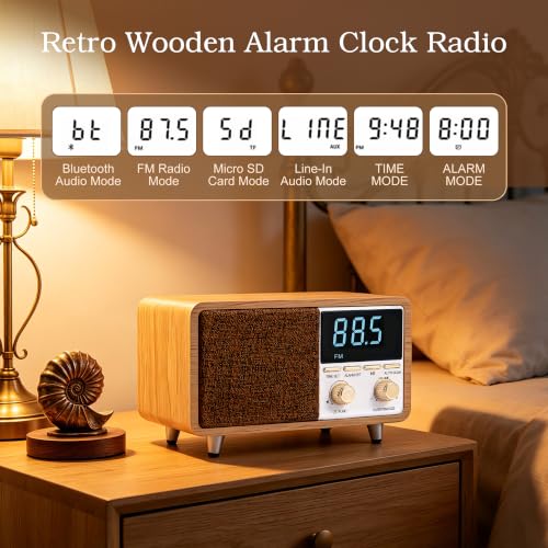 Portable Retro Bluetooth Radio Alarm Clock with FM Radio & LED Display