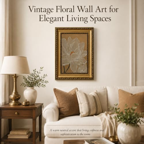 White Lotus Line Wall Art - Neutral Floral Painting with Gold Frame - 11x9