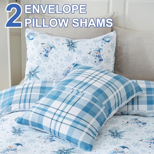 King Size Christmas Snowman Duvet Cover Set with Pillow Shams - Reversible Plaid Holiday Bedding, Blue Variation