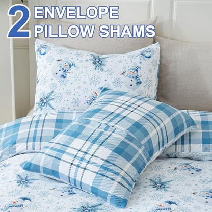 King Size Christmas Snowman Duvet Cover Set with Pillow Shams - Reversible Plaid Holiday Bedding, Blue Variation