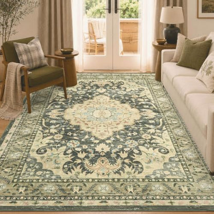 5x8 Ft Floral Washable Area Rug with Non-Slip Backing for Living Room