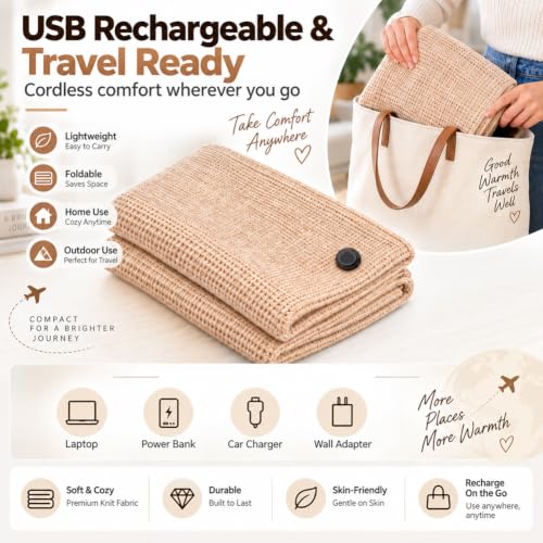 Heated Shawl Wrap for Women Men - USB Rechargeable Portable Blanket, Red, 59.1 x 31.5 in