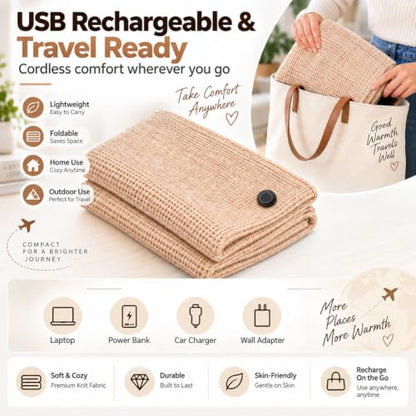 Heated Shawl Wrap for Women Men - USB Rechargeable Portable Blanket, Red, 59.1 x 31.5 in