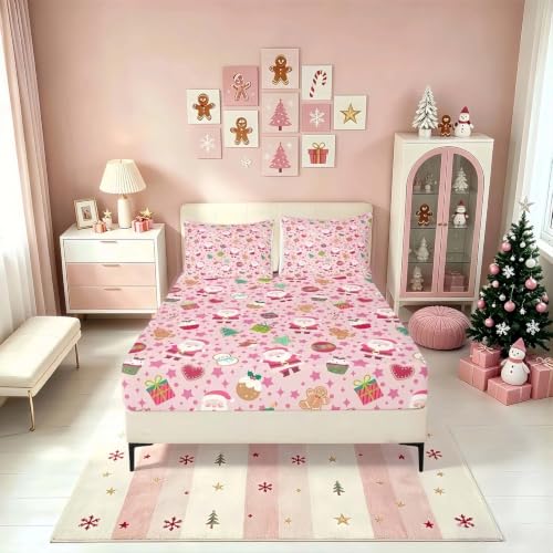 Pink Christmas Bed Sheets Set Twin Size Cartoon Santa Gingerbread Snowman No Top Flat Sheet