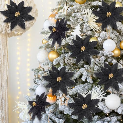 Black Poinsettia Christmas Ornaments with Clips - 16 Large Holiday Flowers