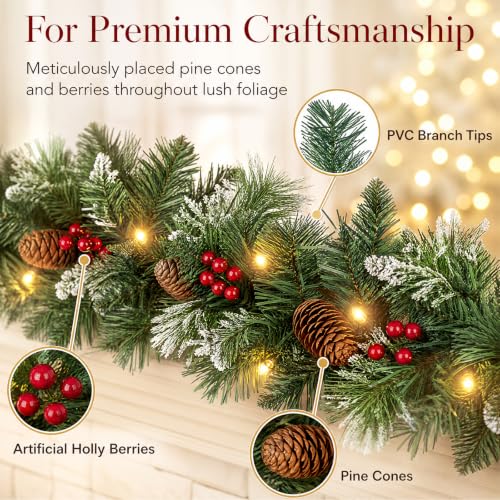 9ft Artificial Christmas Garland with Lights, Pine Cones & Red Berries