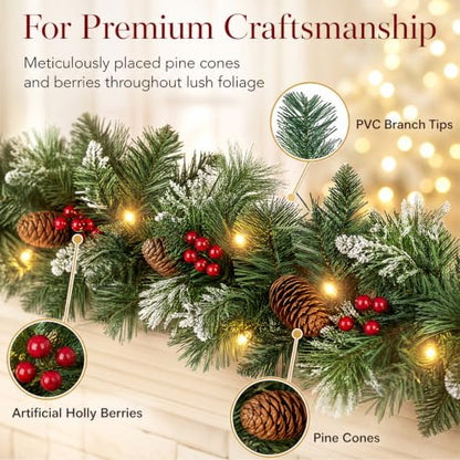 9ft Artificial Christmas Garland with Lights, Pine Cones & Red Berries