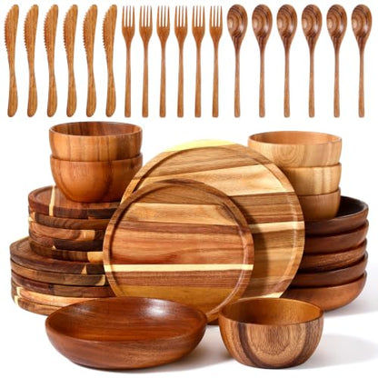 42 Pcs Acacia Wood Dinnerware Set - Wooden Plates Bowls & Utensils, Variation 42