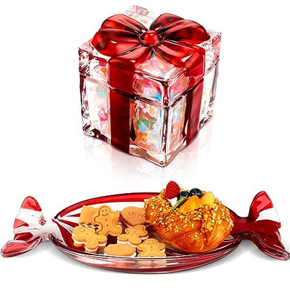 Glass Christmas Candy Dish Set with Lid and Platter - Peppermint Theme