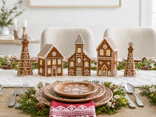 Gingerbread Christmas Decorations Set with Tea Lights - Ceramic Village Scene, Holiday Home Decor