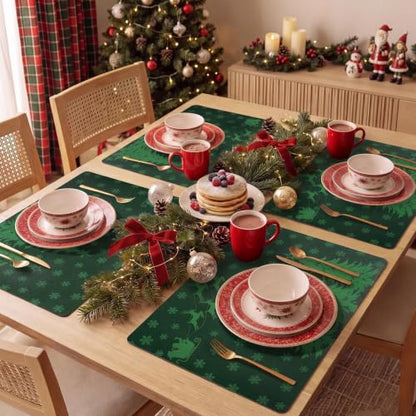 Christmas Vinyl Placemats Set of 6 - Green, Rectangular, 12 x 17 Inches - Holiday Table Decor
