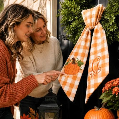 Personalized Pumpkin Wreath Sash - Style 03 Embroidered Monogram Bow for Fall Decor