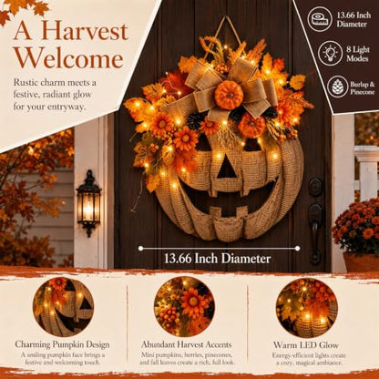 Lighted Burlap Pumpkin Wreath for Front Door - 14 Inch Halloween Fall Decor with Warm LED Lights - Rustic Autumn Wreath with Leaves, Pinecones, and Flowers - Variation of THIS listing