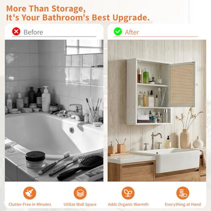 Garvee Wall-Mounted Bathroom Cabinet - White Rattan Storage, 3-Tier