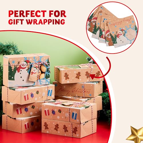 24-Piece Christmas Cookie Boxes with Window - Kraft Design Pastry Box Set, Auto-Popup Gift Boxes 8.75 x 5.75 x 2.75, JOYIN