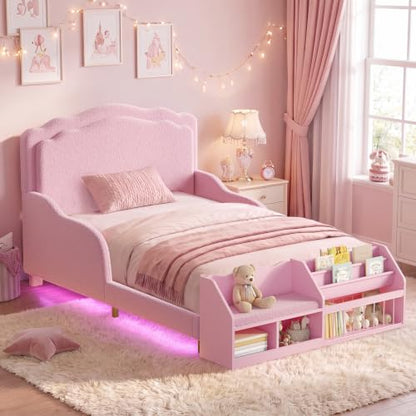Pink Toddler Twin Bed with Montessori Bookcase Teddy Fleece & Guardrails