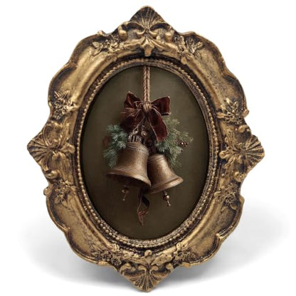 Vintage Small Oval Picture Frame 3.9x4.7 Inches with Jingle Bells Accent