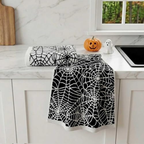 Halloween Spider Web Hand Towels Set of 2 - Black and White Decorative Towels