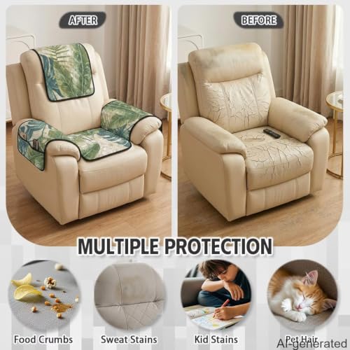 Tropical Leaf Quilted Recliner Chair Protector Cover - Full 4-Piece Set, Waterproof & Non-Slip
