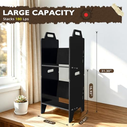 Black Vinyl Record Storage Organizer Rack, 2 Pack Stackable LP Shelf for Albums & More