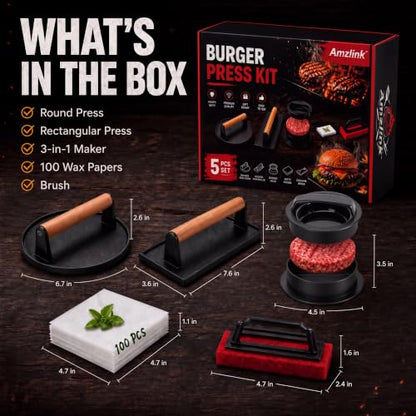 Cast Iron Burger Press Kit with Patty Maker & Steak Weight - Smashing & Grilling
