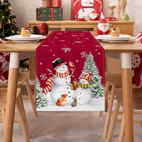 Red Snowman Christmas Table Runner 13x90 Inch Pine Trees Snowflakes Holiday Decor - Variation: Red Snowman-1
