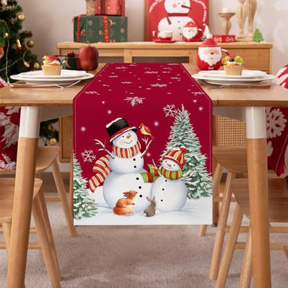Red Snowman Christmas Table Runner 13x90 Inch Pine Trees Snowflakes Holiday Decor - Variation: Red Snowman-1
