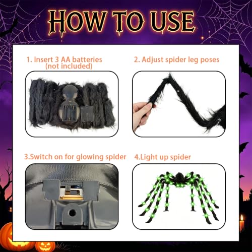 Anditoy 6.6ft Light Up Halloween Spider - Giant Realistic Scary Hairy Decor with Green LEDs for Outdoor Indoor Yard Party