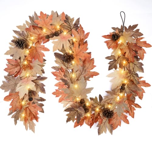 6 Ft Fall Garland with Lights & Timer - Thanksgiving Fireplace Mantel Decor - Variation of 1