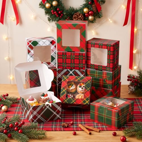 48 Pcs Christmas Gingham Treat Boxes with Window - Red & Green Holiday Design