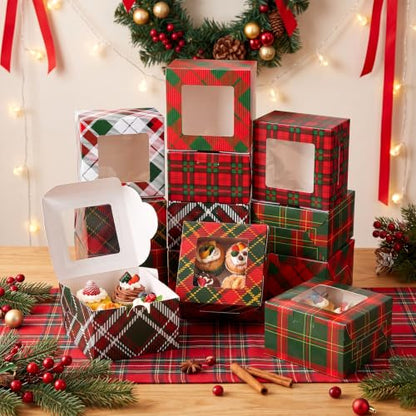 48 Pcs Christmas Gingham Treat Boxes with Window - Red & Green Holiday Design
