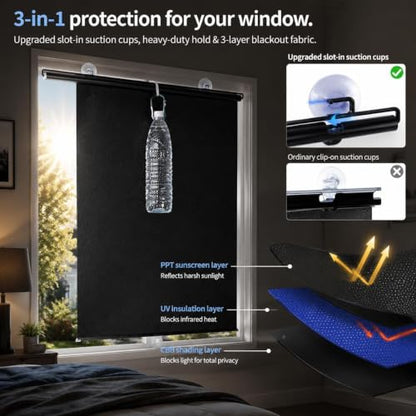 Blackout Window Shades 21W x 42H No Drill Retractable Roller Blinds with Suction Cups