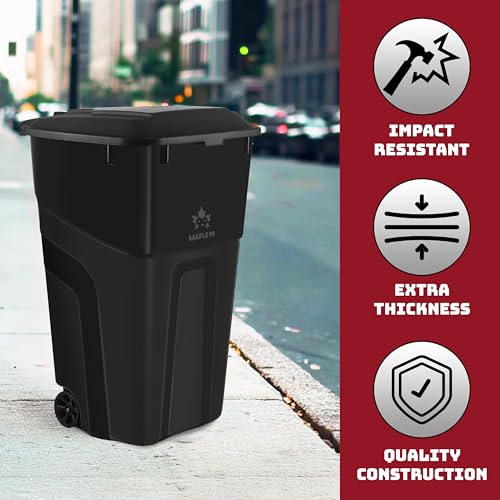 Outdoor Garbage Can with Lid - Black, 32 Gallon Wheeled Trash Bin
