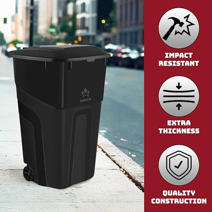 Outdoor Garbage Can with Lid - Black, 32 Gallon Wheeled Trash Bin