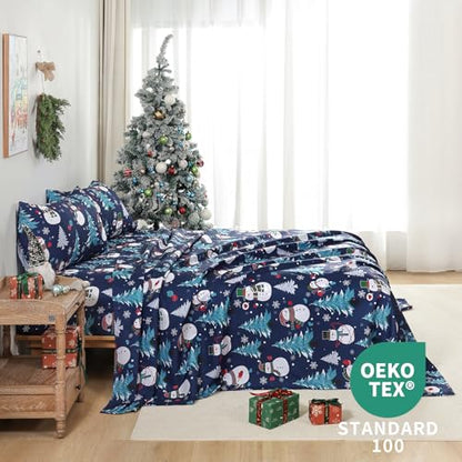Queen Size Blue Christmas Sheet Set with Snowman Design - 4 Pieces
