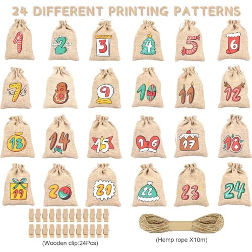 Brown Christmas Advent Calendar Bags, 24 Days Countdown Burlap Gift Bags