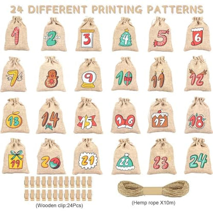 Brown Christmas Advent Calendar Bags, 24 Days Countdown Burlap Gift Bags