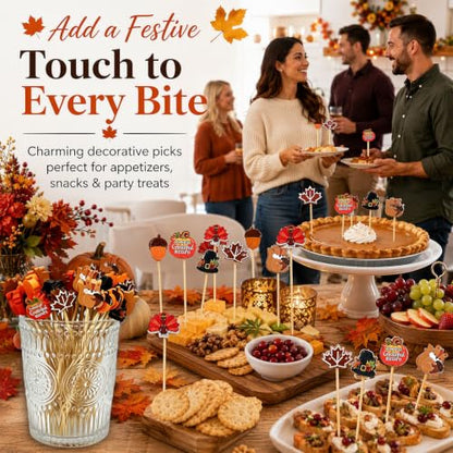100 Pcs Fall Cocktail Picks with Autumn Leaf Pumpkin & Acorn Designs