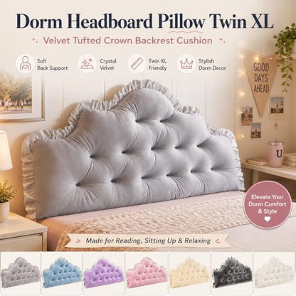 Twin XL Velvet Headboard Pillow with Tufted Crown and Ruffle Trim - Beige, 100cm